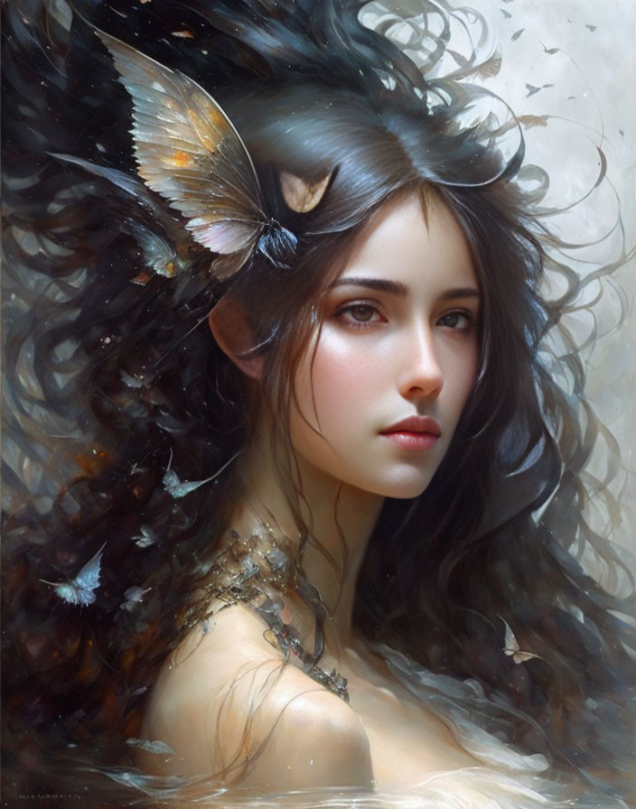 Portrait of Woman with Dark Hair and Butterflies: Piercing Eyes and Enigmatic Expression