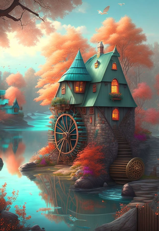 Whimsical cottage with waterwheel by serene lake and autumn foliage