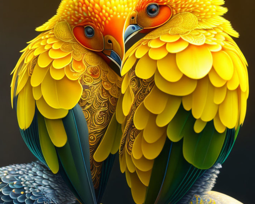 Colorful Stylized Birds with Elaborate Feather Patterns on Dark Background