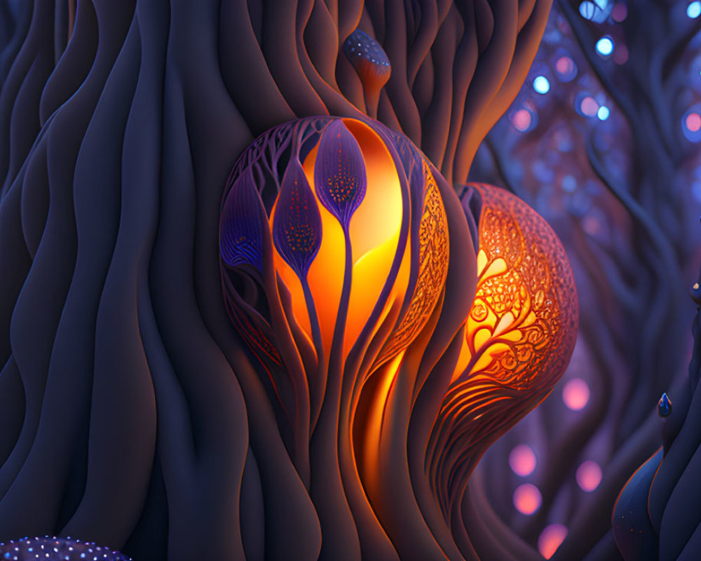 Mystical forest scene with glowing tree-like structures and intricate designs