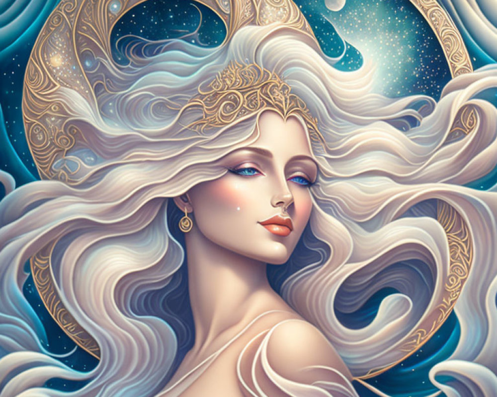 Stylized portrait of a woman with flowing hair and celestial motifs