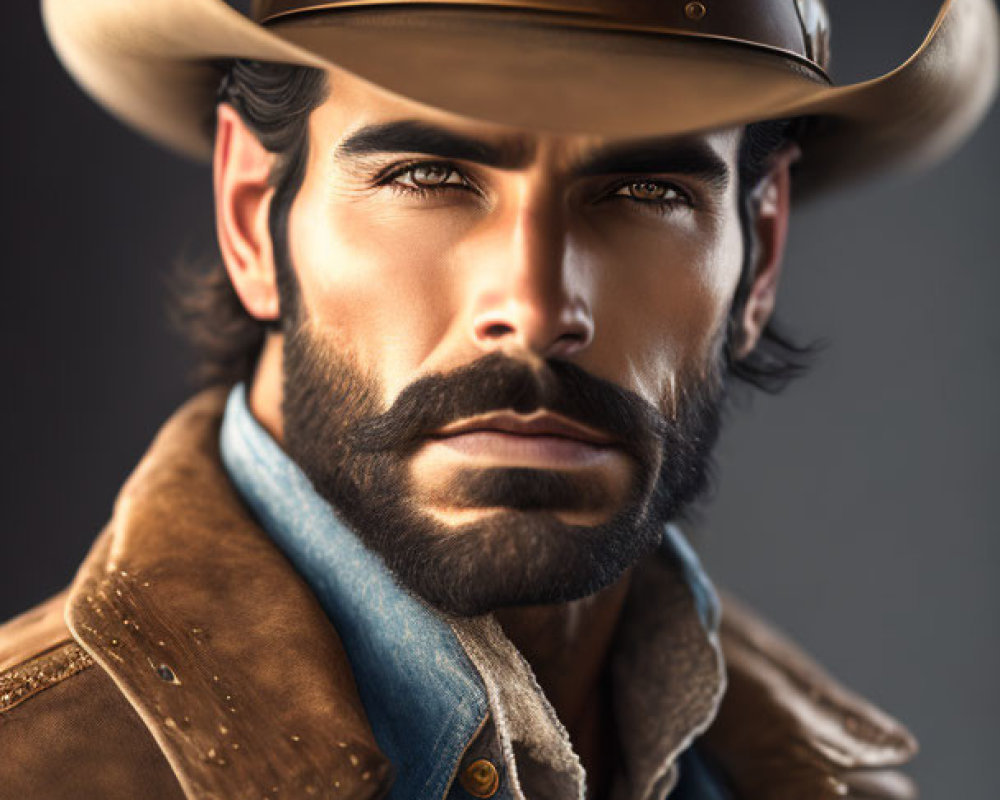 Bearded man in cowboy hat and leather jacket with Western style