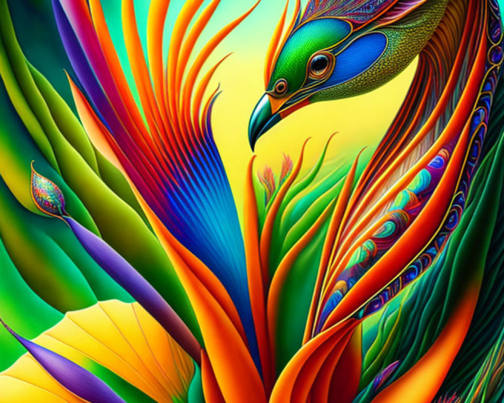 Colorful digital artwork of a stylized peacock with intricate feathers