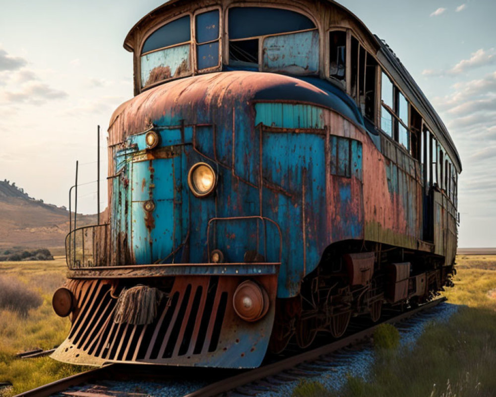 Abandoned rusty train on overgrown tracks in grassy field