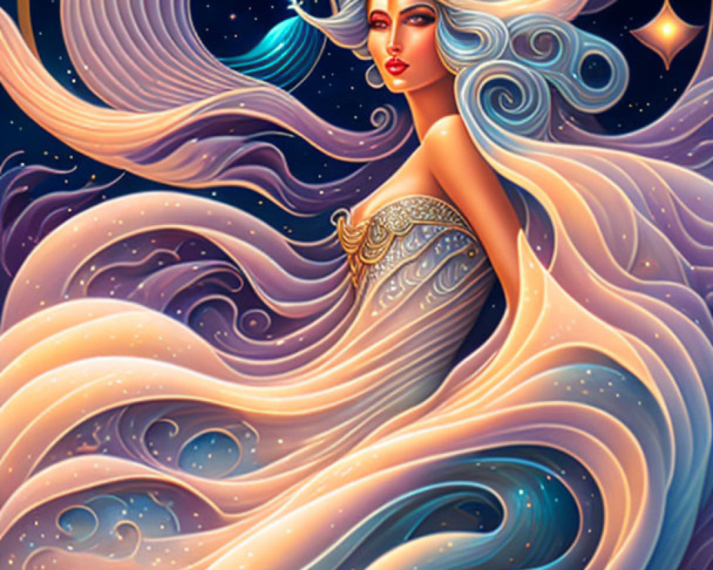 Woman with Flowing Hair and Celestial Motifs in Cosmic Theme