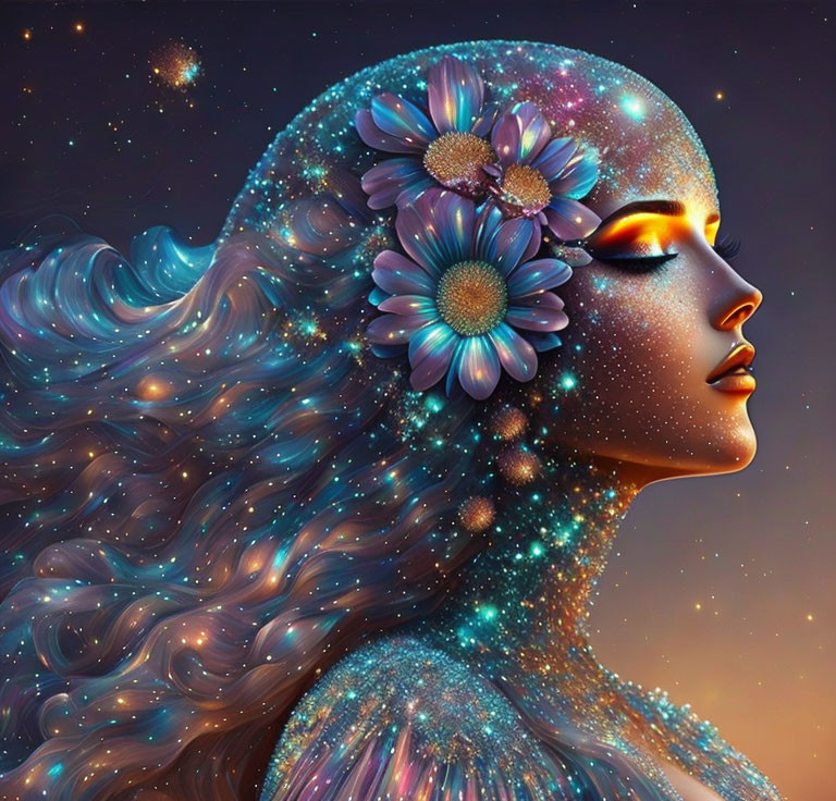 Woman with Flowers in Hair Blending into Starry Night Sky