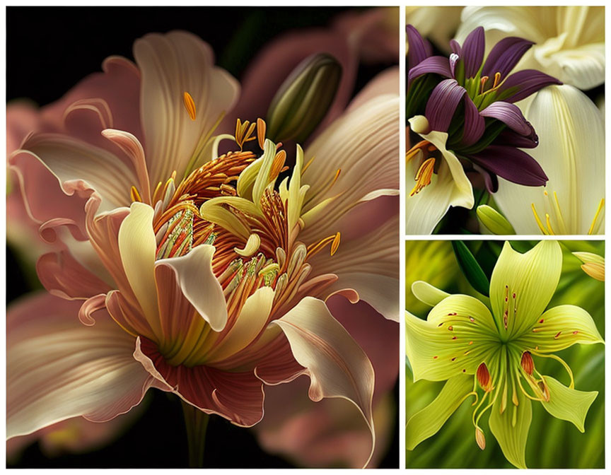 Vibrant close-up flower collage on dark backgrounds