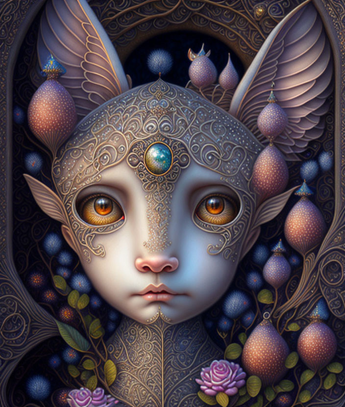 Fantastical artwork featuring creature with large, soulful eyes and ornate metallic facial designs