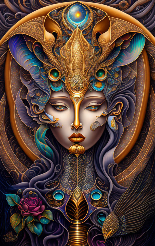 Detailed Artwork of Woman with Gold and Blue Headpiece and Blue Gem