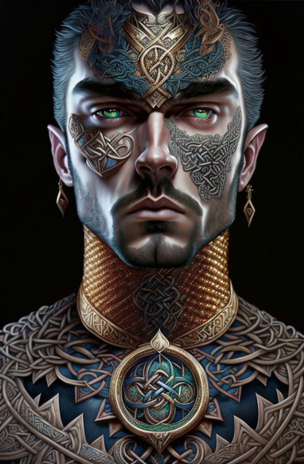 Digital artwork featuring a man with green eyes, tattoos, piercings, and Celtic jewelry