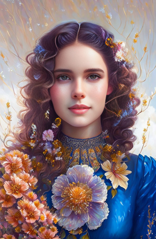 Illustration of woman with wavy hair and floral adornments in golden bloom setting