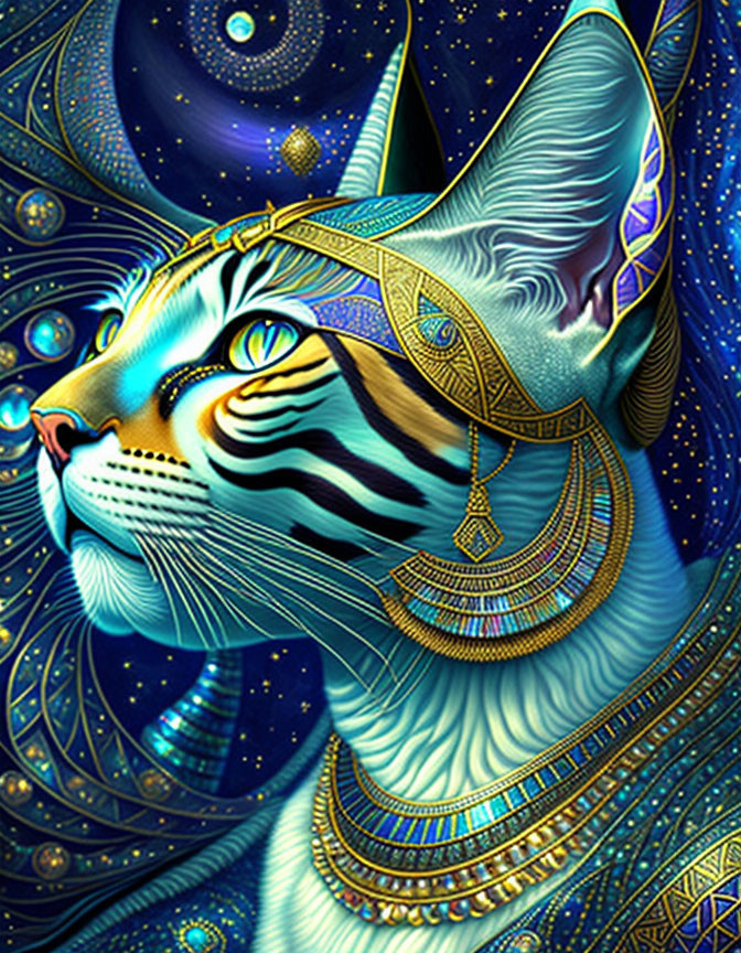 Cosmic blue cat with golden patterns on starry night background