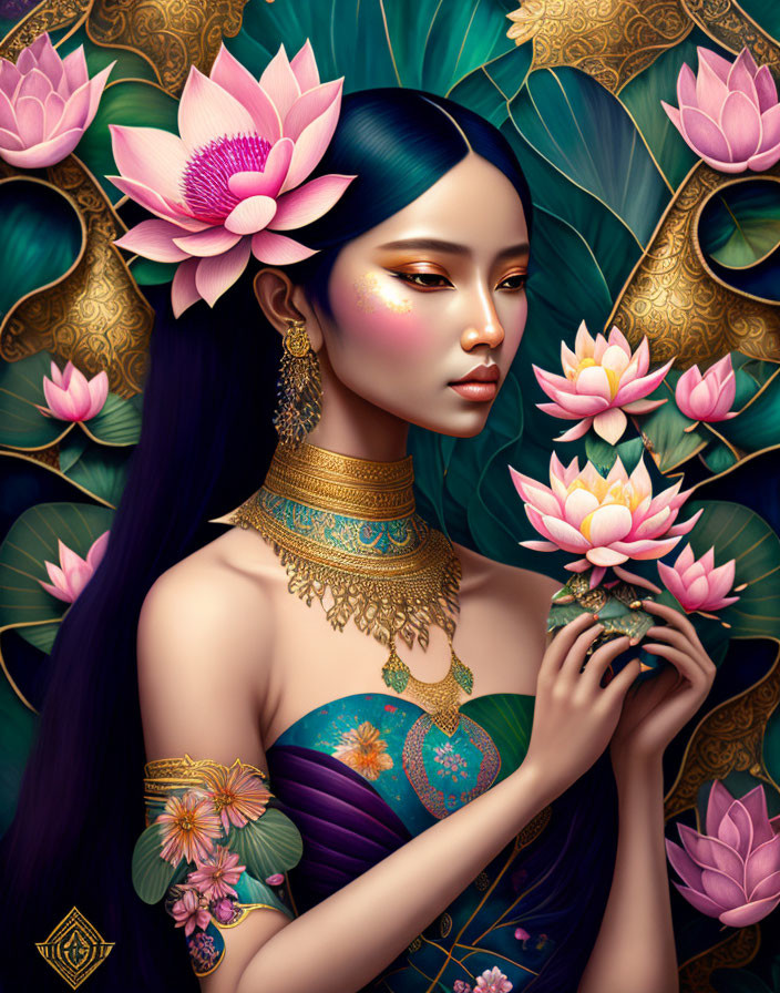 Illustration of woman with long black hair, pink lotus, blue & gold outfit, surrounded by