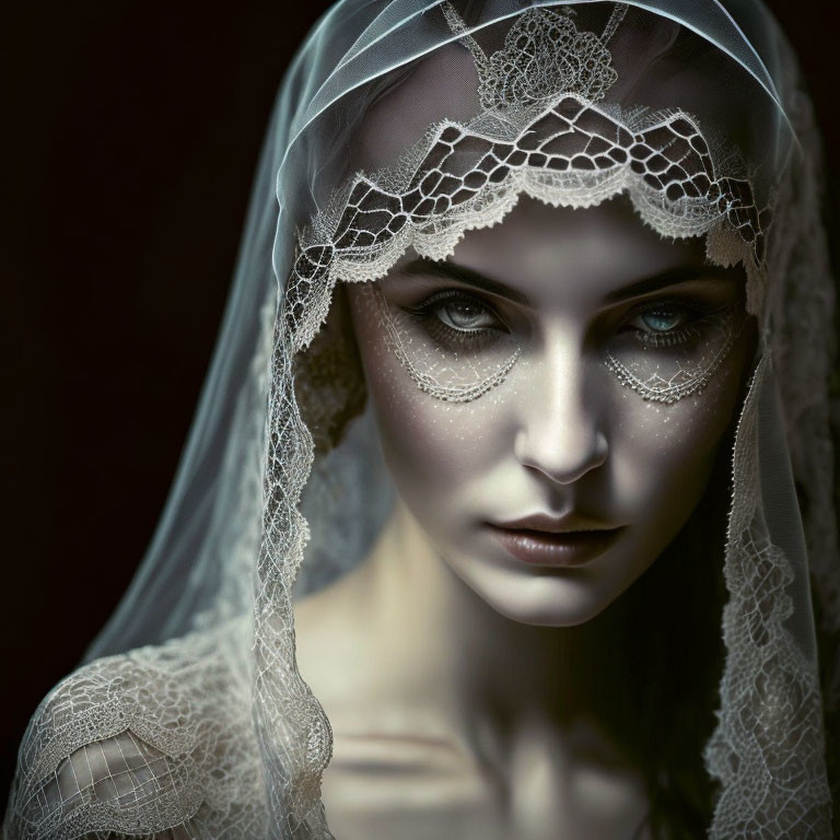 Woman with Striking Eyes in Lace Veil: Mysterious and Captivating Gaze