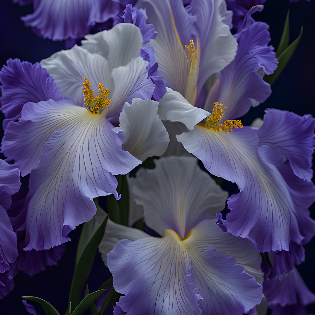 Vibrant Purple and White Irises with Ruffled Petals on Dark Background