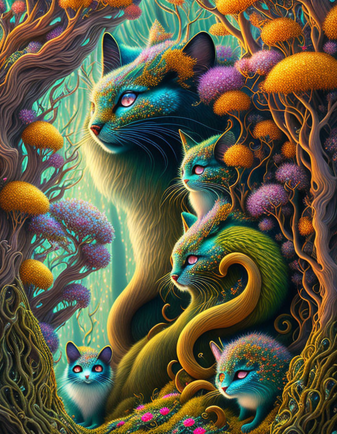 Fantastical cats in vibrant forest scene