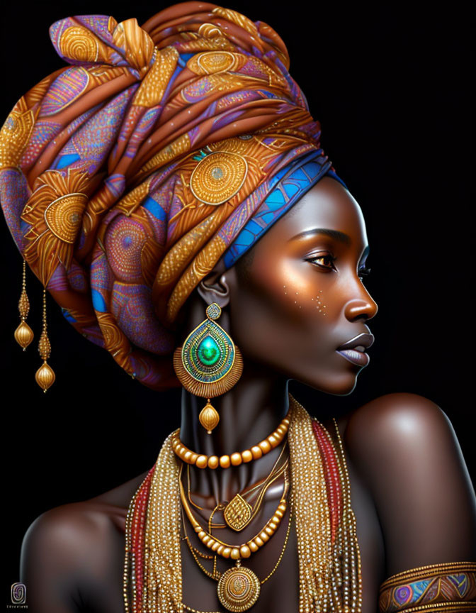 Digital artwork of woman with luminous skin, golden jewelry, and colorful headwrap against dark background