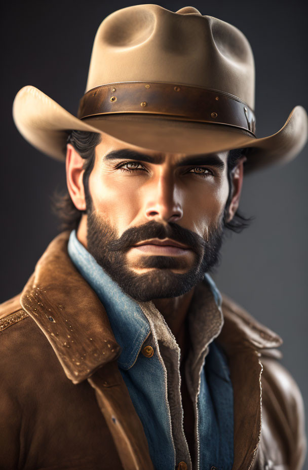 Bearded man in cowboy hat and leather jacket with Western style