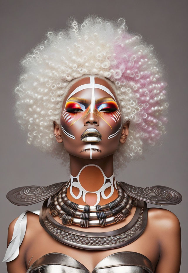 Artistic tribal makeup, futuristic necklace, striking afro hairstyle on grey background