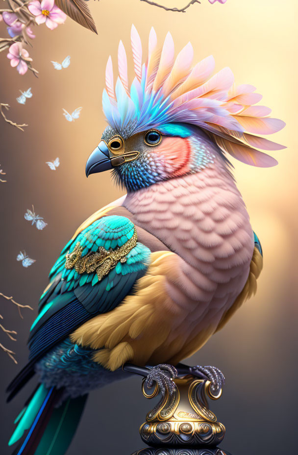 Vibrant digital illustration of a fantastical bird with intricate feathers