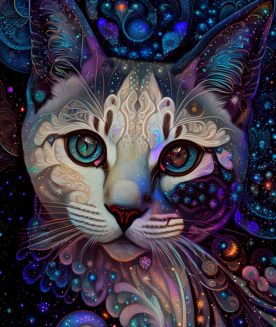 Vibrant Stylized Cat Face Artwork with Cosmic Patterns