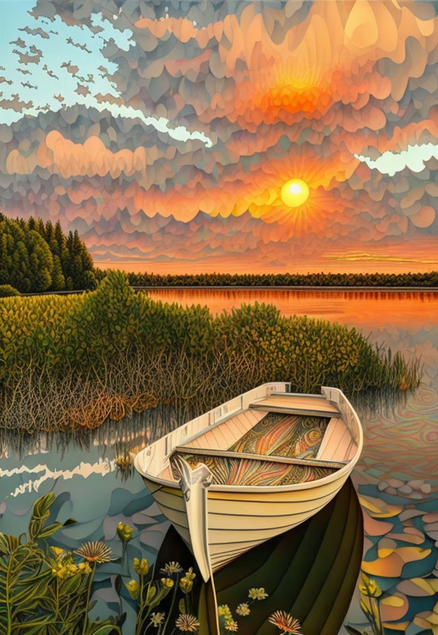 Digital Art: Small Boat on Calm Waters with Sunset Sky