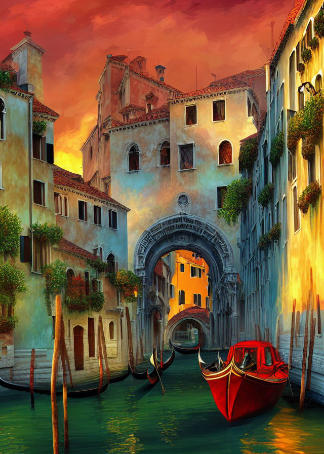 Vibrant Venice Canal Illustration at Sunset