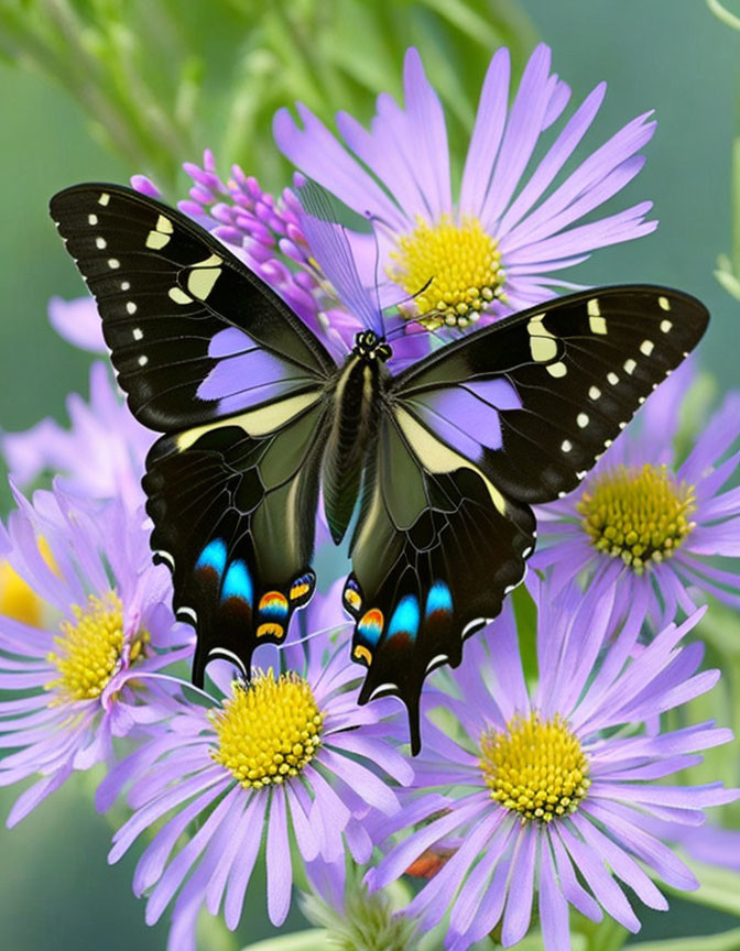 Black Butterfly with Blue and Yellow Spots on Pink Flowers