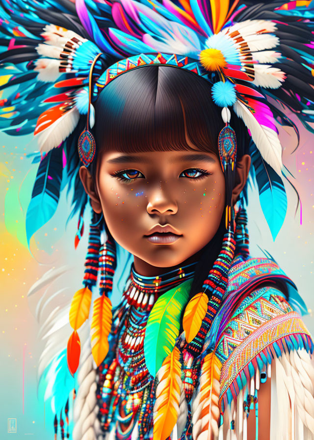 Colorful Native American headdress on young girl