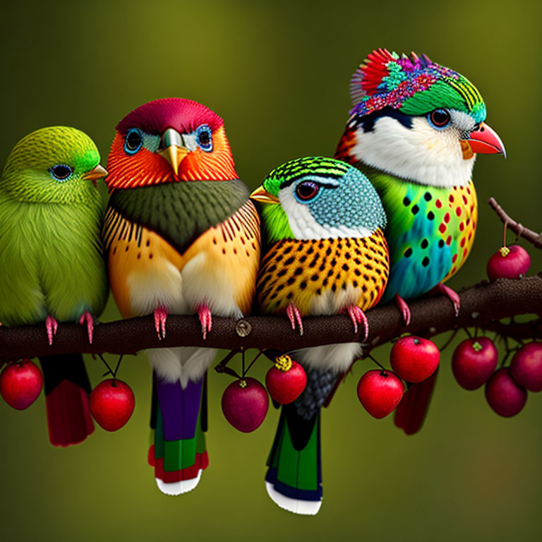 Vibrant illustrated birds on branch with unique patterns and human-like eyes