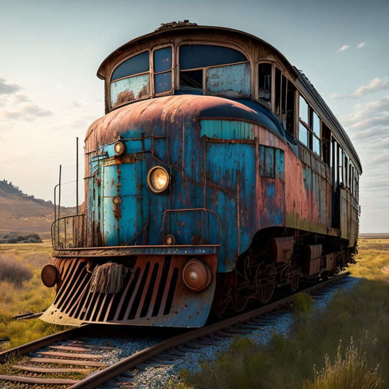 Abandoned rusty train on overgrown tracks in grassy field