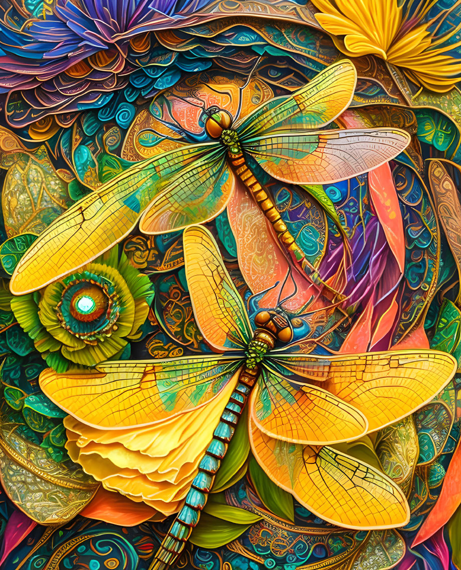 Colorful Dragonfly Illustration with Detailed Wings and Floral Background