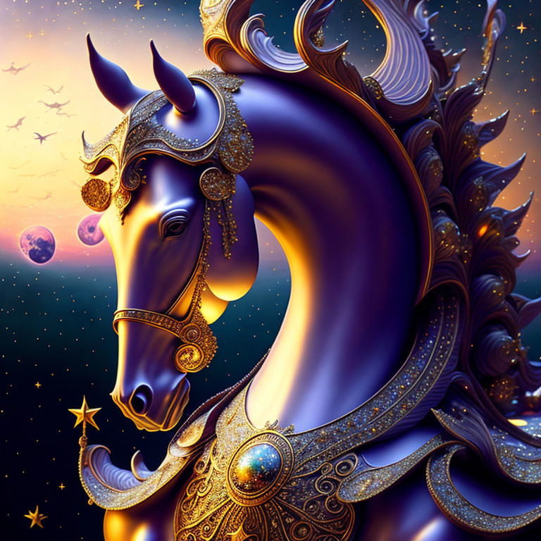 Majestic horse in golden armor on cosmic background