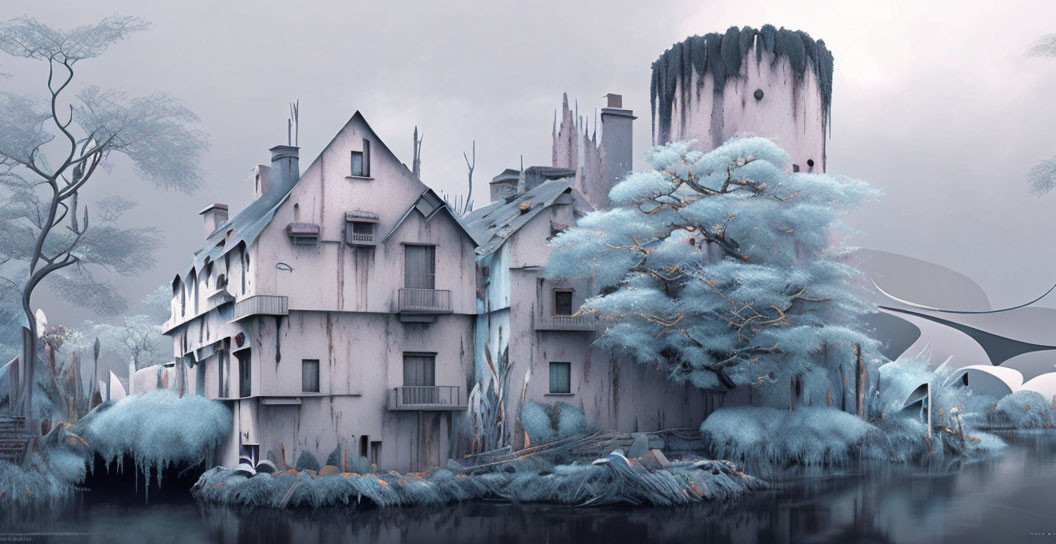 Whimsical fantasy landscape with pale blue tree and riverbank houses