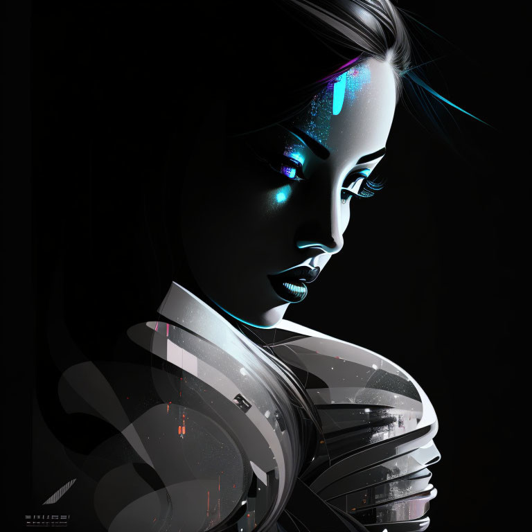 Female cyborg digital art with glowing blue eyes and tear on dark background