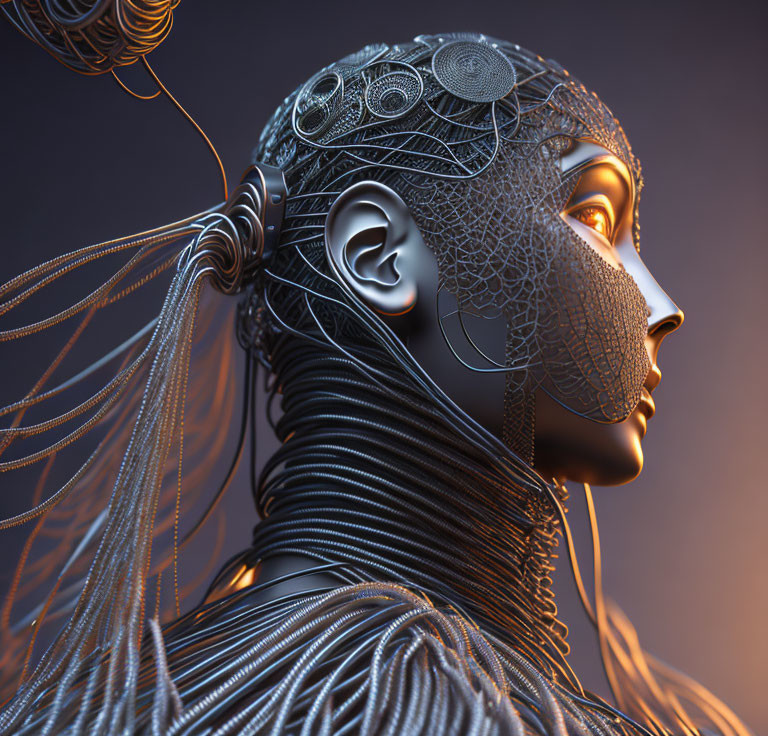 Female android digital artwork with metallic mesh patterns and cable hair in warm light