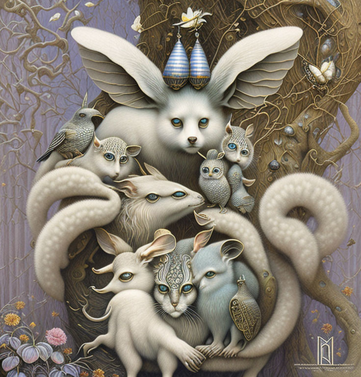 Fantasy illustration: Winged cat with rabbits, birds, and serpents.