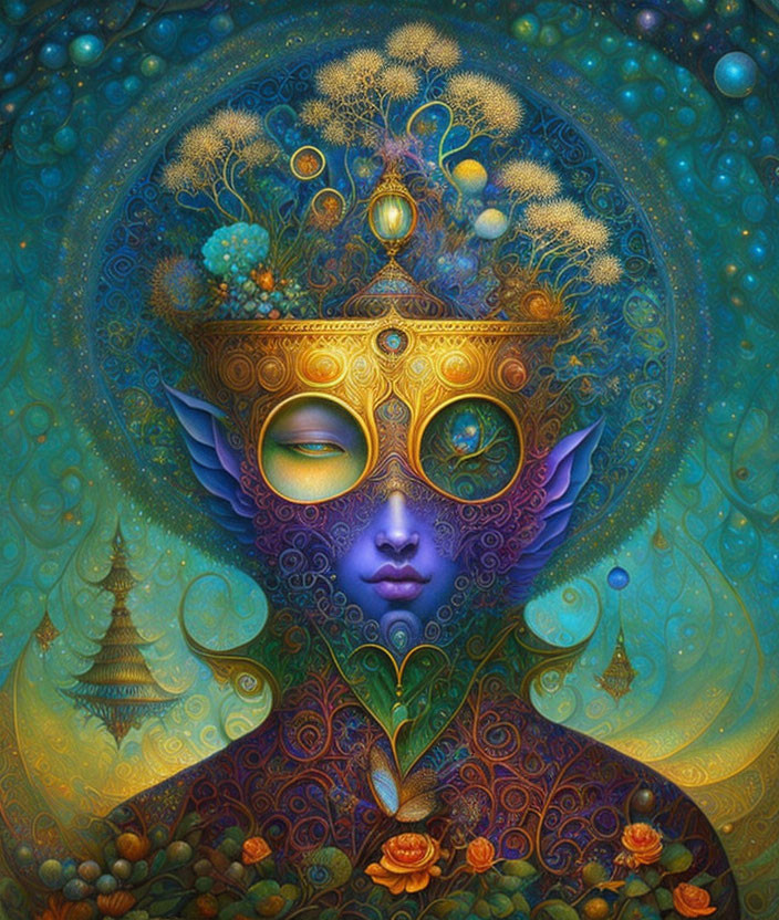 Blue-skinned being with ornate mask surrounded by botanical and cosmic elements