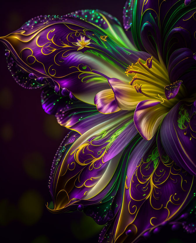 Vibrant purple and green digital flower with golden designs on dark background