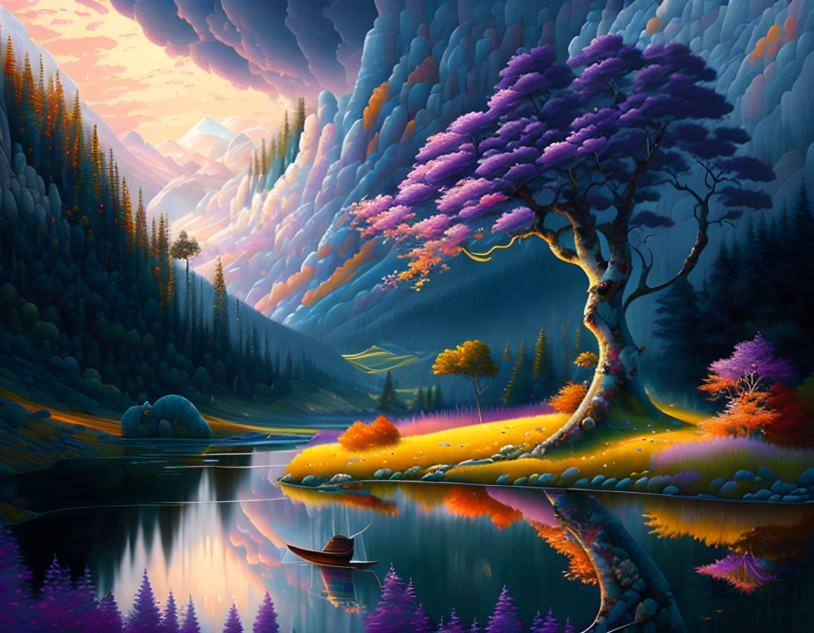 Colorful landscape with purple tree, mountain backdrop, serene lake, and small boat