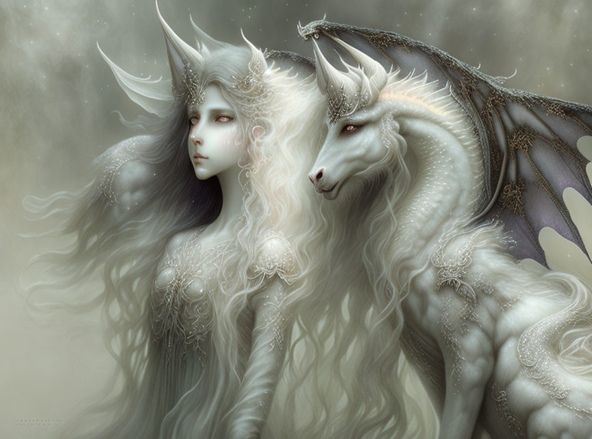 Fantastical illustration of pale woman with horn-like protrusions and dragon-winged unicorn