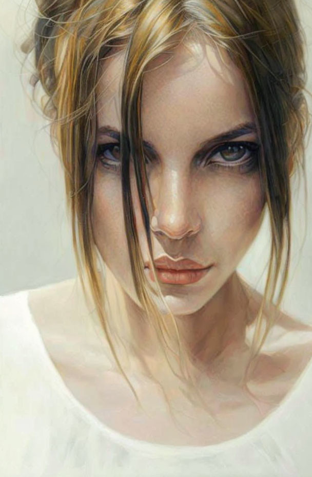 Intense gaze woman painting with tousled hair and white blouse