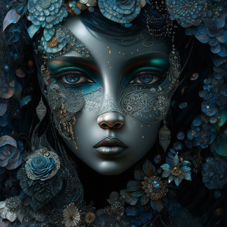 Intricate floral and lace designs on woman's face with blue flowers on dark background