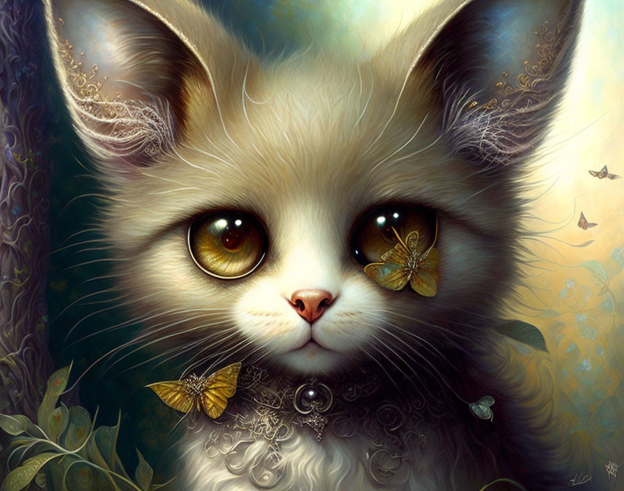 Whimsical digital art of kitten with large eyes and butterflies