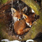 Foxes curled up in intricate forest scene.