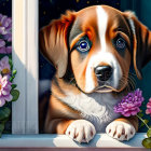 Brown and white puppy with black face gazing from window surrounded by vibrant flowers