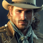 Bearded man in cowboy hat and leather jacket with Western style