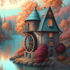 Whimsical cottage with waterwheel by serene lake and autumn foliage