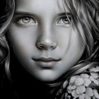 Digital art portrait: Young girl with curly hair, freckles, floral pattern, black background