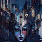 Colorful digital artwork of female figure with abstract headdress in cosmic setting.